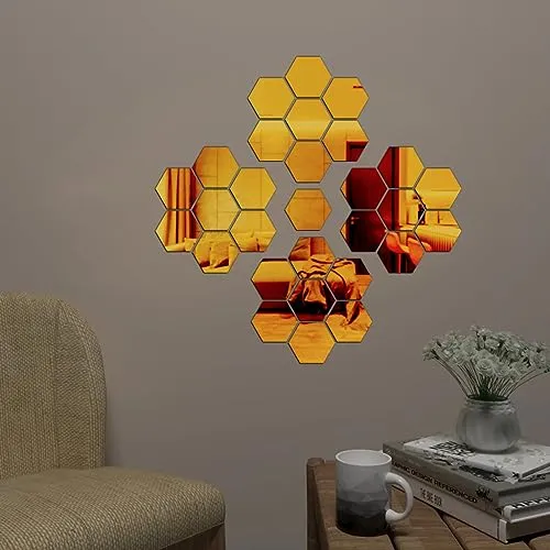 StarLaser 10 Pieces Hexagon Golden Decorative Mirror Sticker for Wall | Acrylic Mirror Wall Decor Sticker | Hexagonal Wall Stickers for Hall, Bedroom, Kitchen, Home & Offices