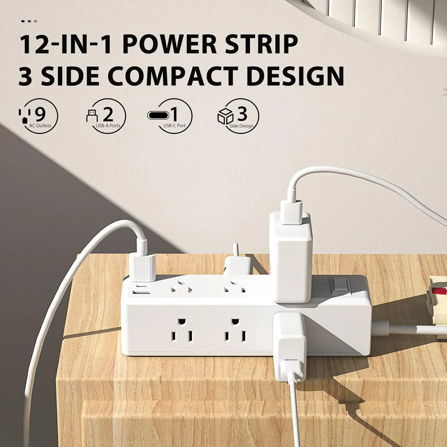 Surge Protector Power Strip with 9 Outlets 2 USB-A 1 USB-C 3-Side Outlet