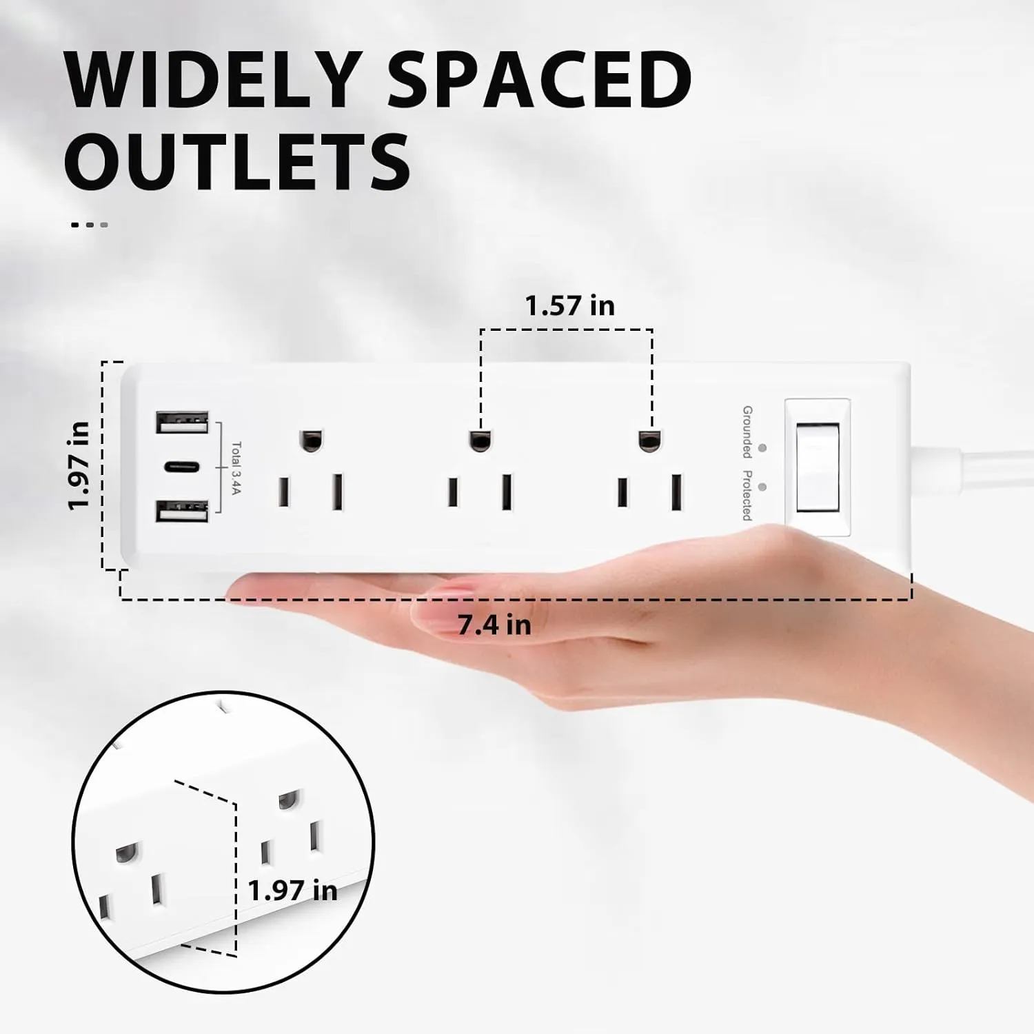 Surge Protector Power Strip with 9 Outlets 2 USB-A 1 USB-C 3-Side Outlet