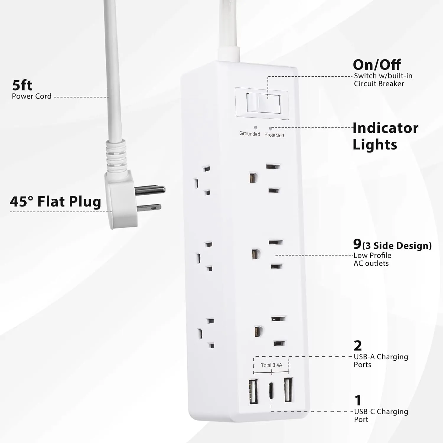 Surge Protector Power Strip with 9 Outlets 2 USB-A 1 USB-C 3-Side Outlet