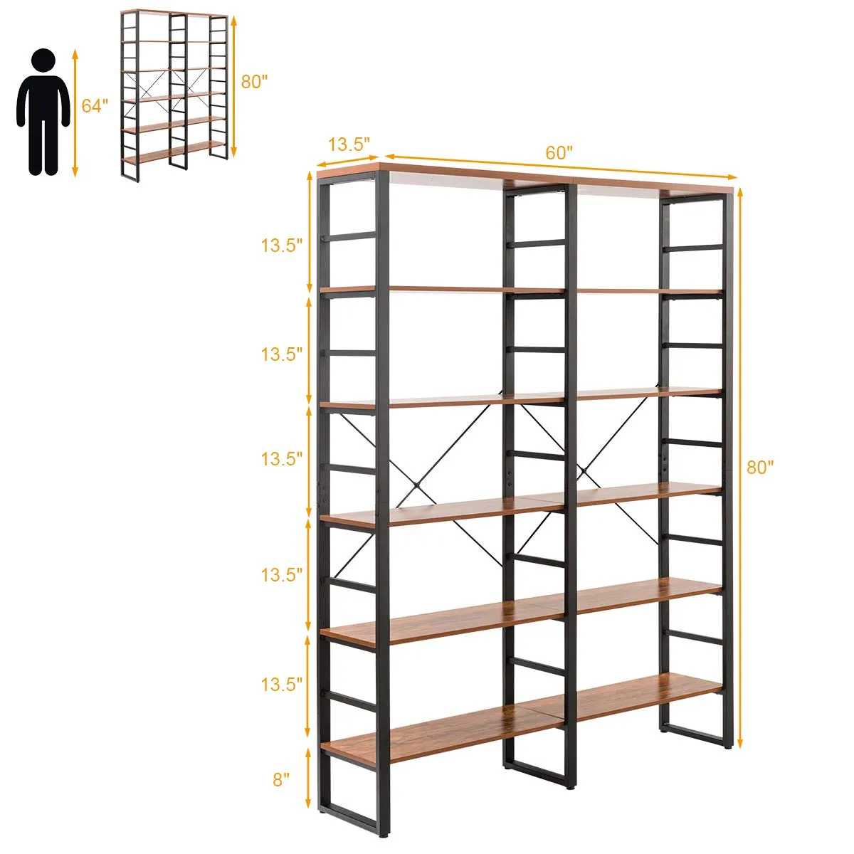 Tangkula Bookshelves and Bookcases, 80 Inch Double Wide 6 Tier Bookshelf (60" L x 13.5" W x 80" H)