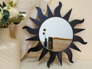 The C A F Black Squiggle Sunburst Mirror Wall Decor, Decorative Sun Wavy Mirror, Sunshine Boho Decor with Acrylic Round Mirror, Living Room Decor (Black)