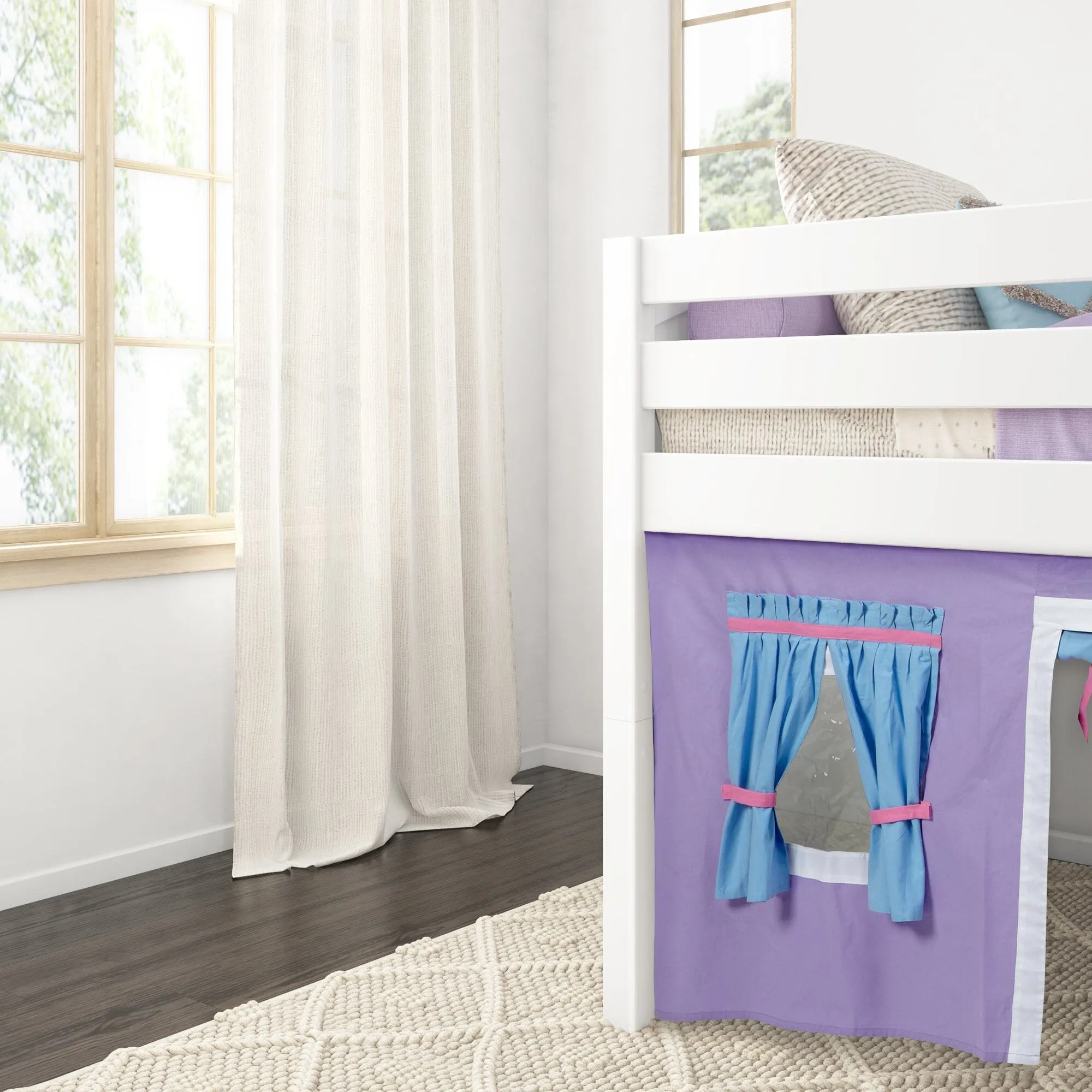 Twin Low Loft Bed with Straight Ladder and Underbed Curtain