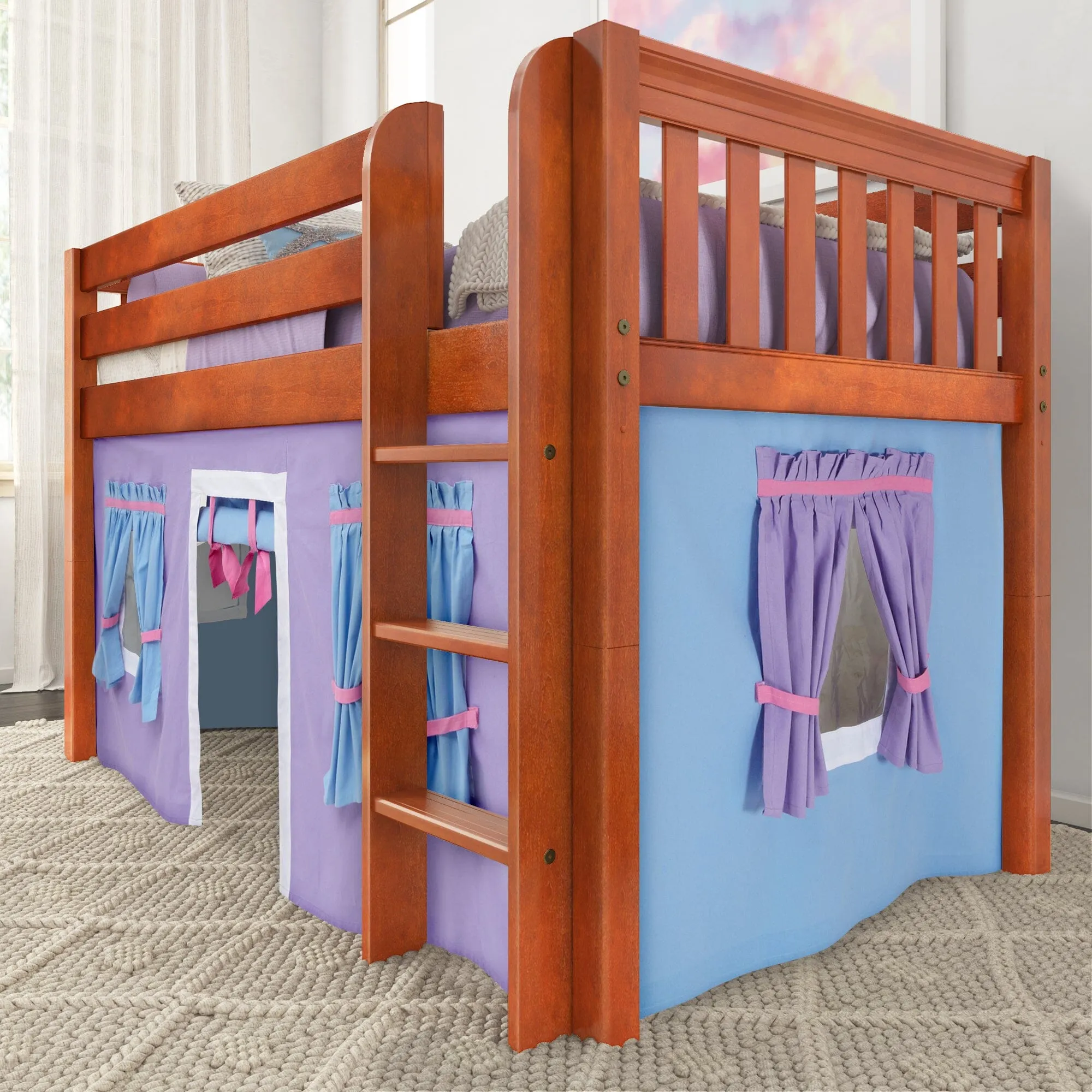 Twin Low Loft Bed with Straight Ladder and Underbed Curtain