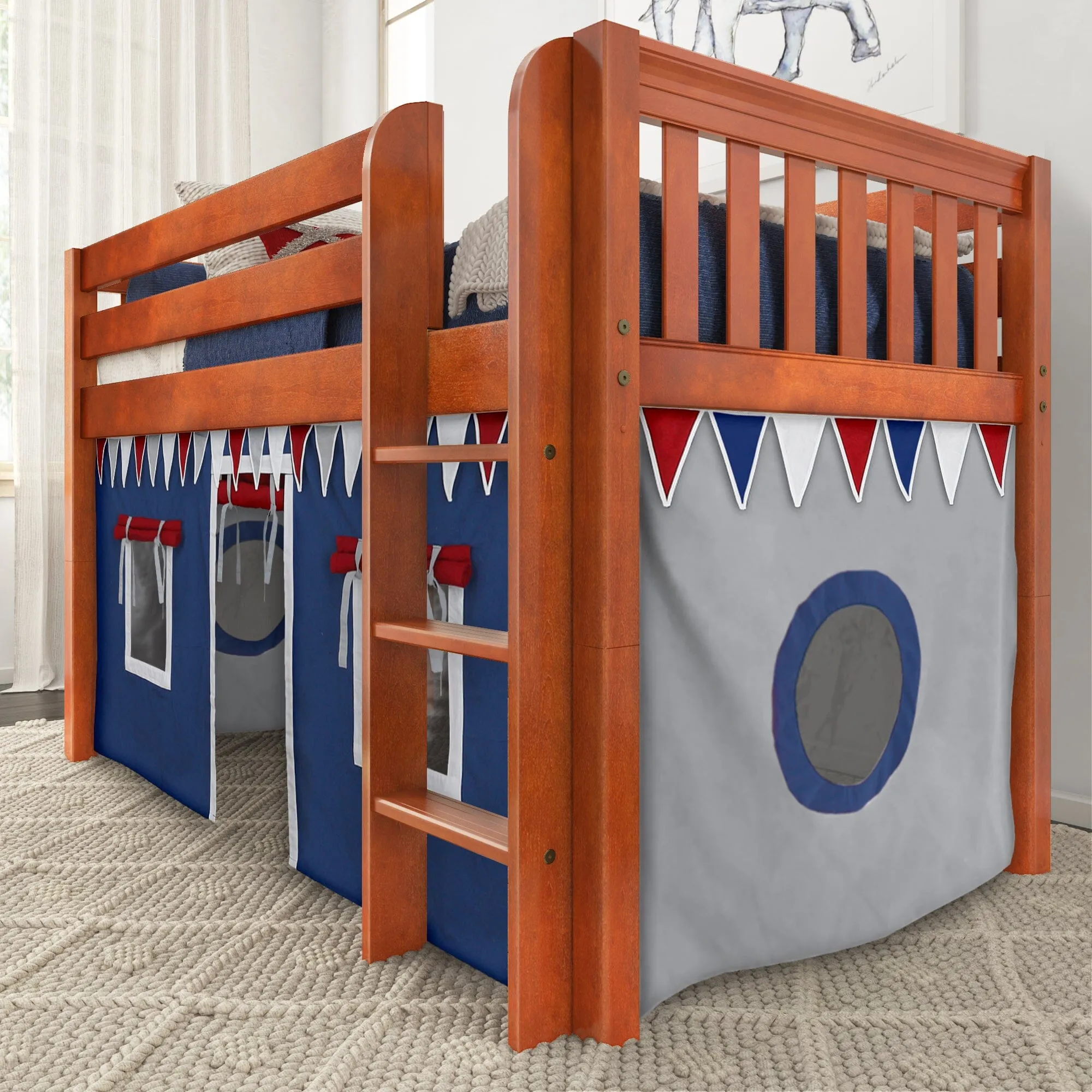 Twin Low Loft Bed with Straight Ladder and Underbed Curtain