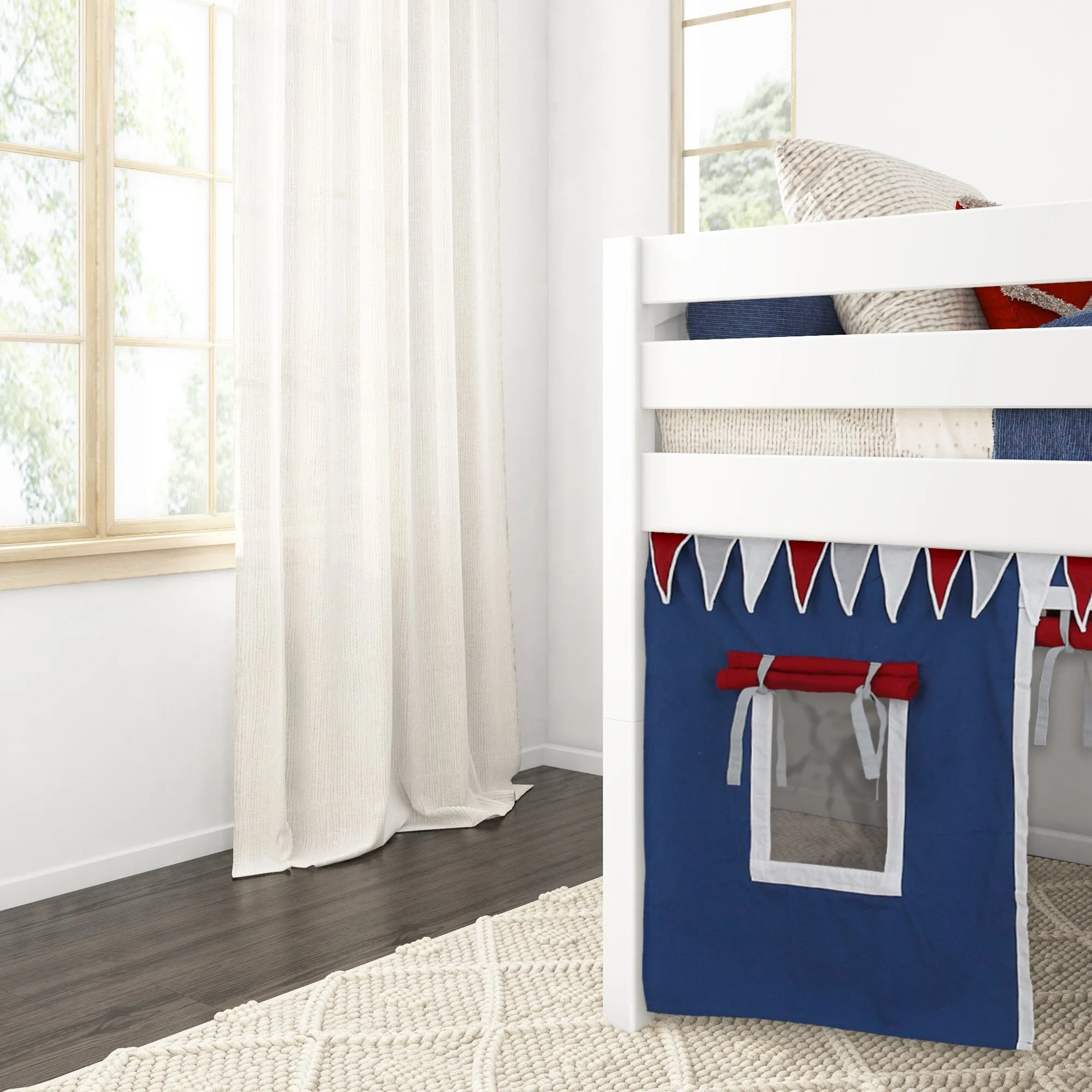 Twin Low Loft Bed with Straight Ladder and Underbed Curtain