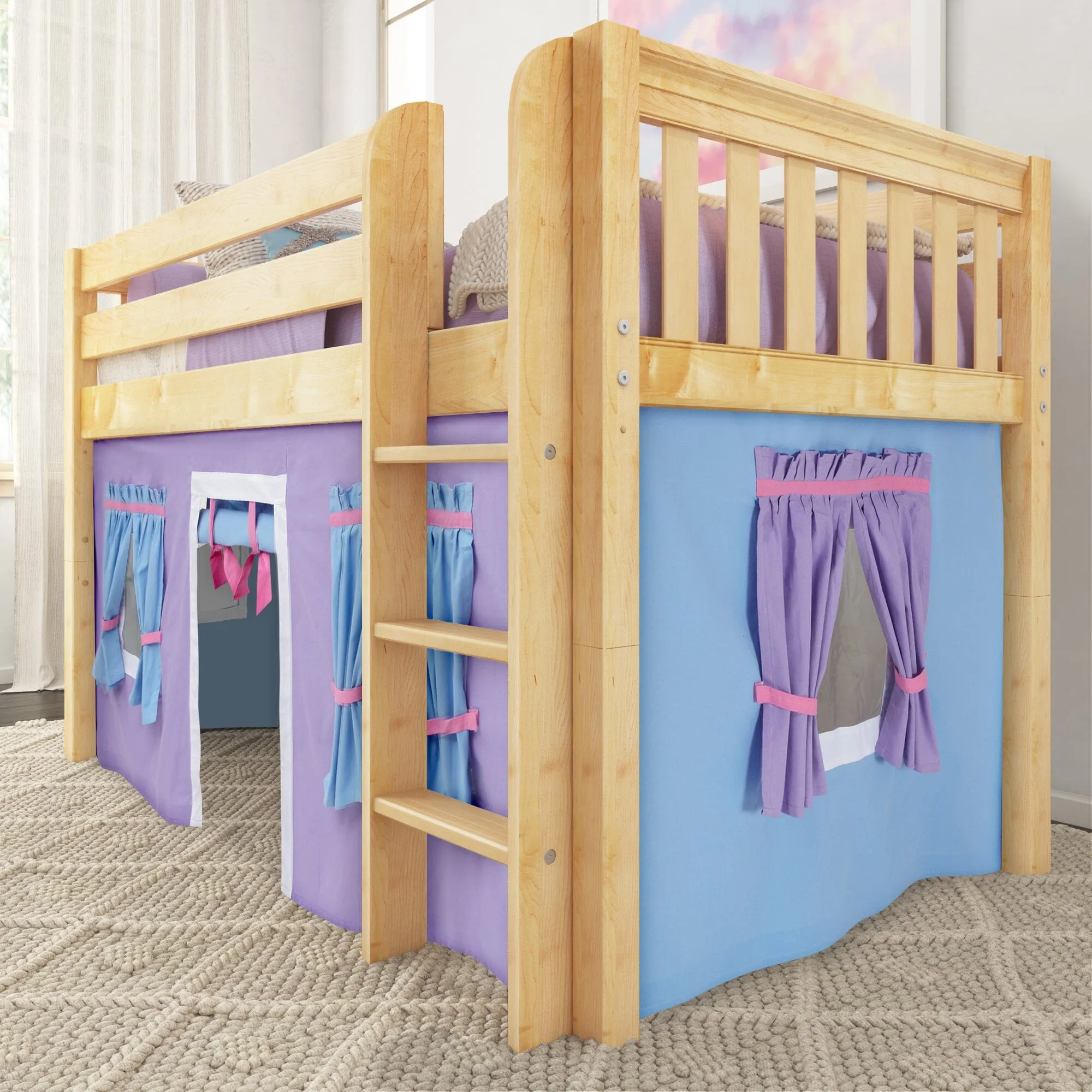 Twin Low Loft Bed with Straight Ladder and Underbed Curtain