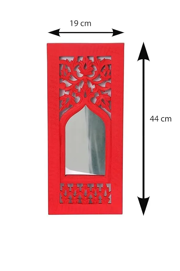 UNIVOCEAN-Wood Painted Wall Hanging Jharoka Inside Mirror, Wooden Wall Hanging, Wooden Wall Panel (Red) (17x7.5) inch, Set of Two