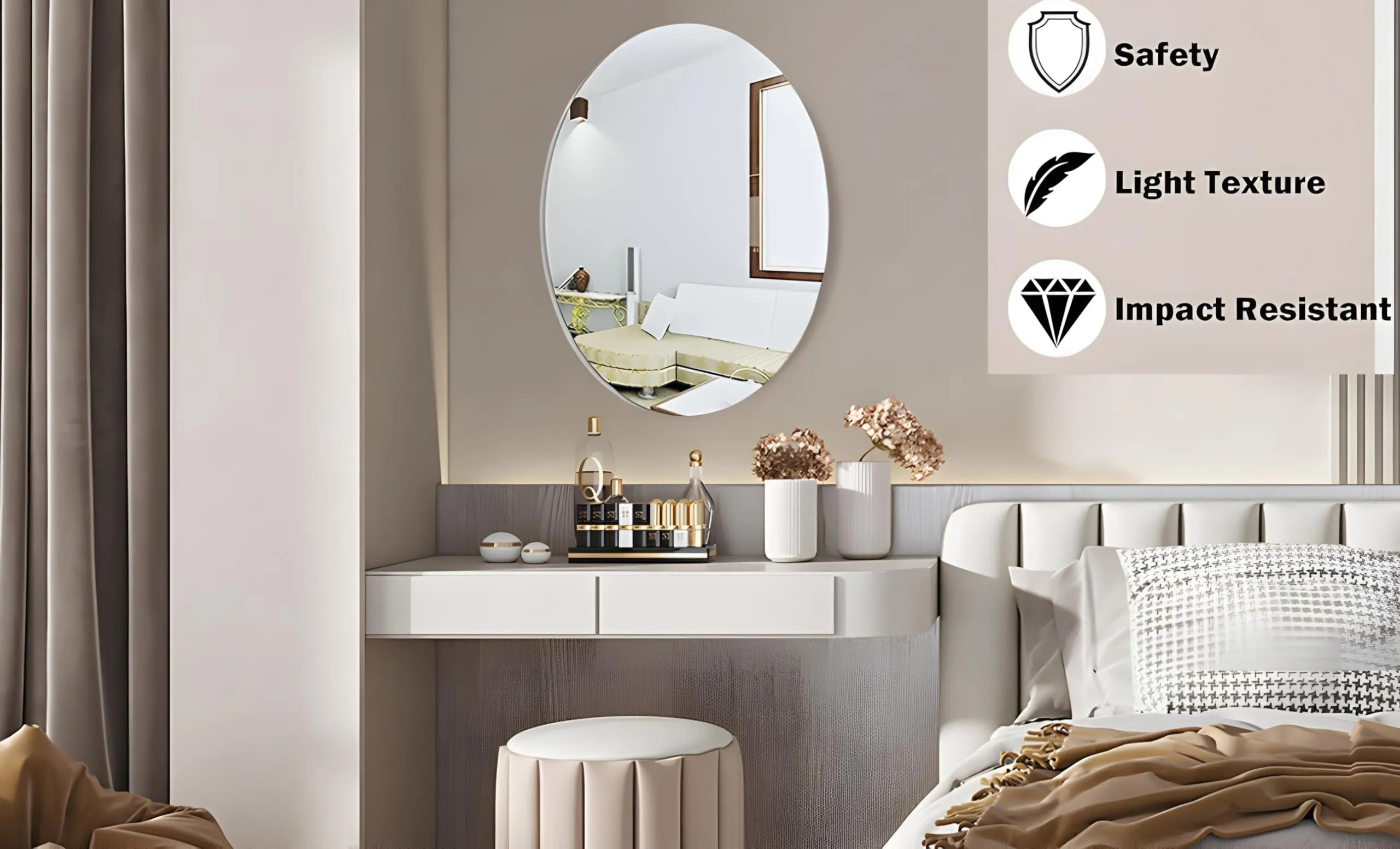 Vimos Oval Shape Adhesive Mirror Sticker for Wall on Tiles Bathroom Bedroom Living Room Basin Mirror Bathroom Wall Mirror Stickers Unbreakable Plastic Mirror Stickers for Wall 30 * 20 (Pack of 1)