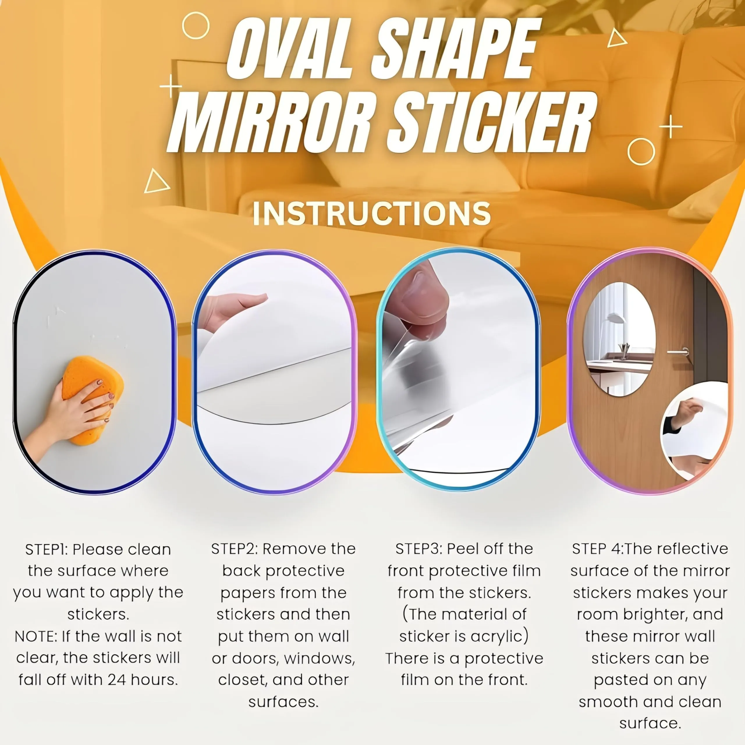 Vimos Oval Shape Adhesive Mirror Sticker for Wall on Tiles Bathroom Bedroom Living Room Basin Mirror Bathroom Wall Mirror Stickers Unbreakable Plastic Mirror Stickers for Wall 30 * 20 (Pack of 1)