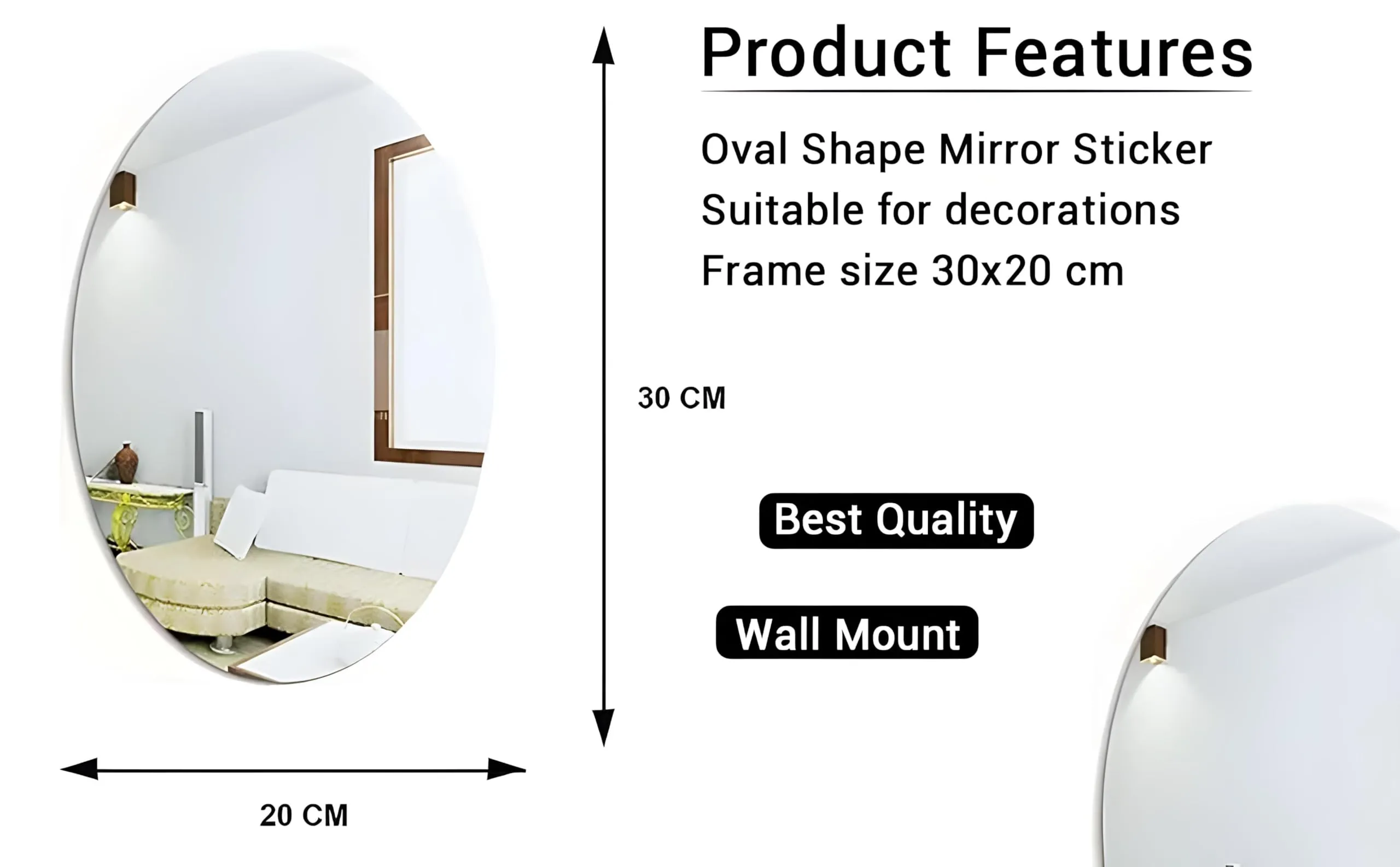 Vimos Oval Shape Adhesive Mirror Sticker for Wall on Tiles Bathroom Bedroom Living Room Basin Mirror Bathroom Wall Mirror Stickers Unbreakable Plastic Mirror Stickers for Wall 30 * 20 (Pack of 1)