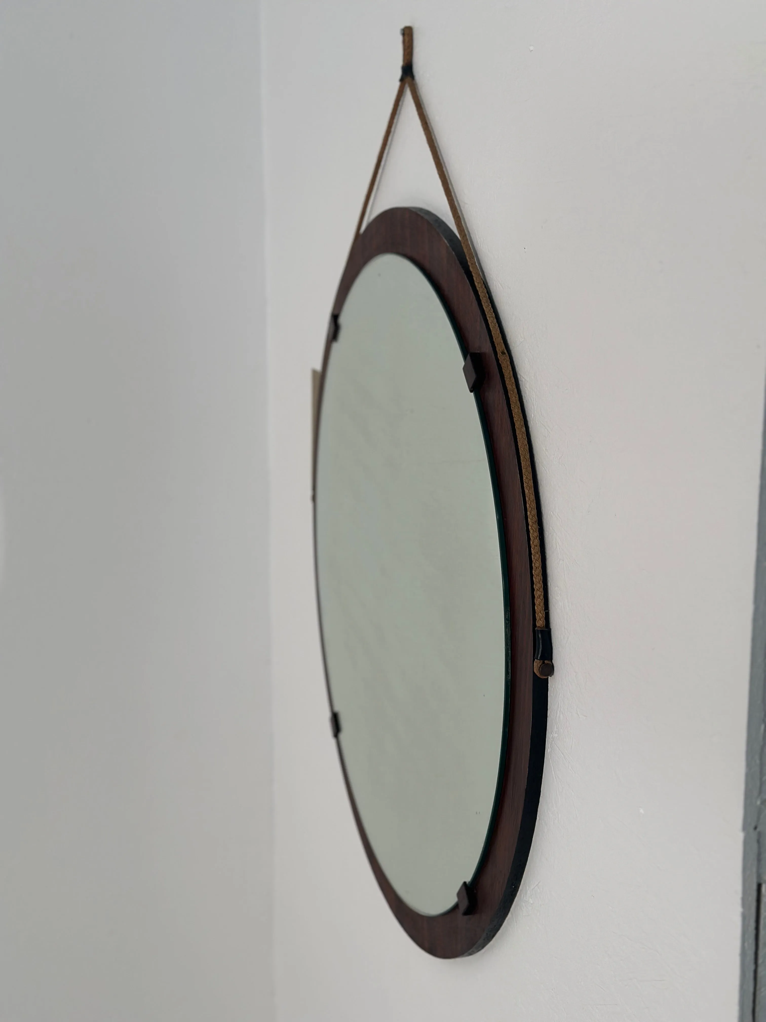 Vintage Italian Wood Round Wall Mirror 1980