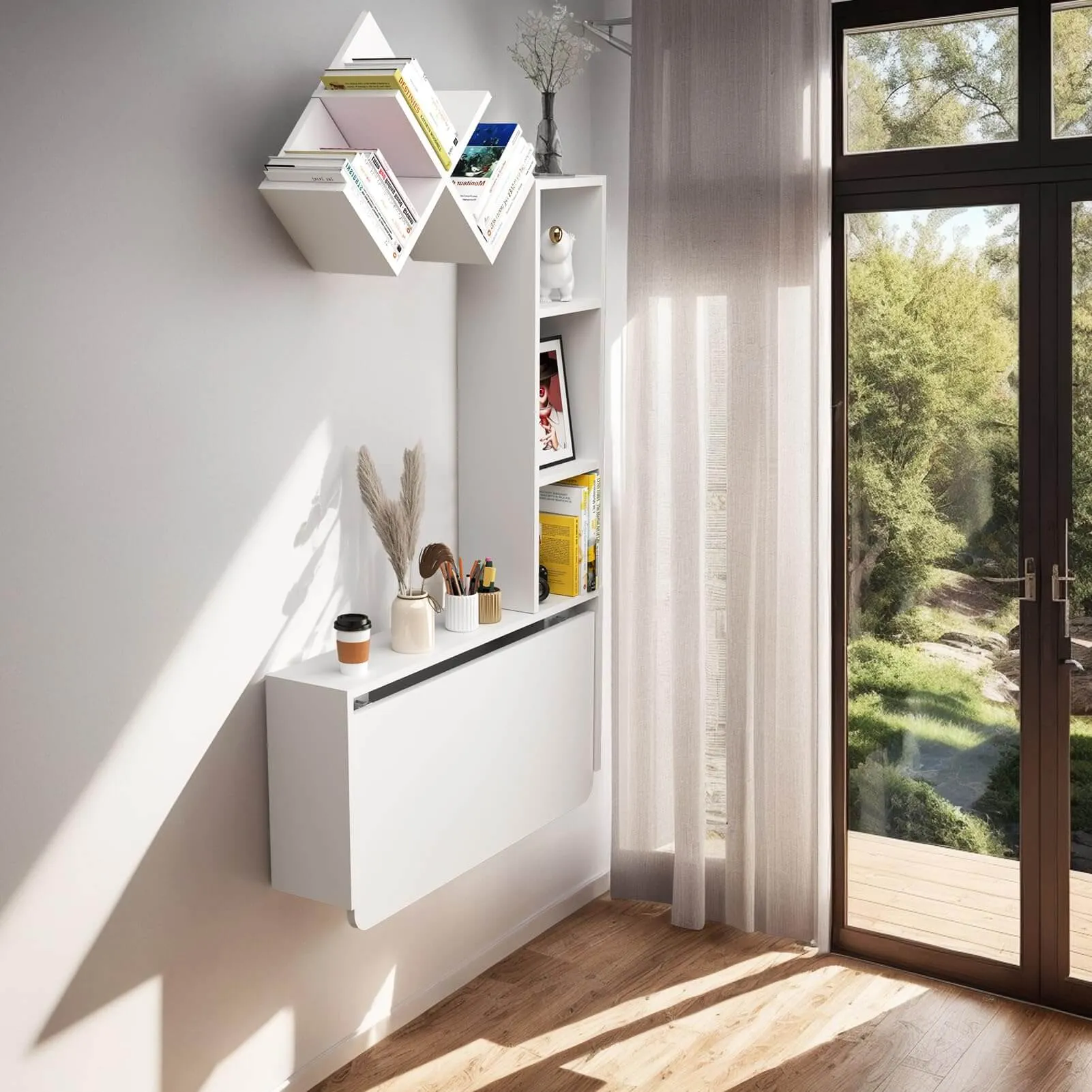 White Plywood Wall Mounted Fold Down Desk with Bookshelves, Space Saving Home Office