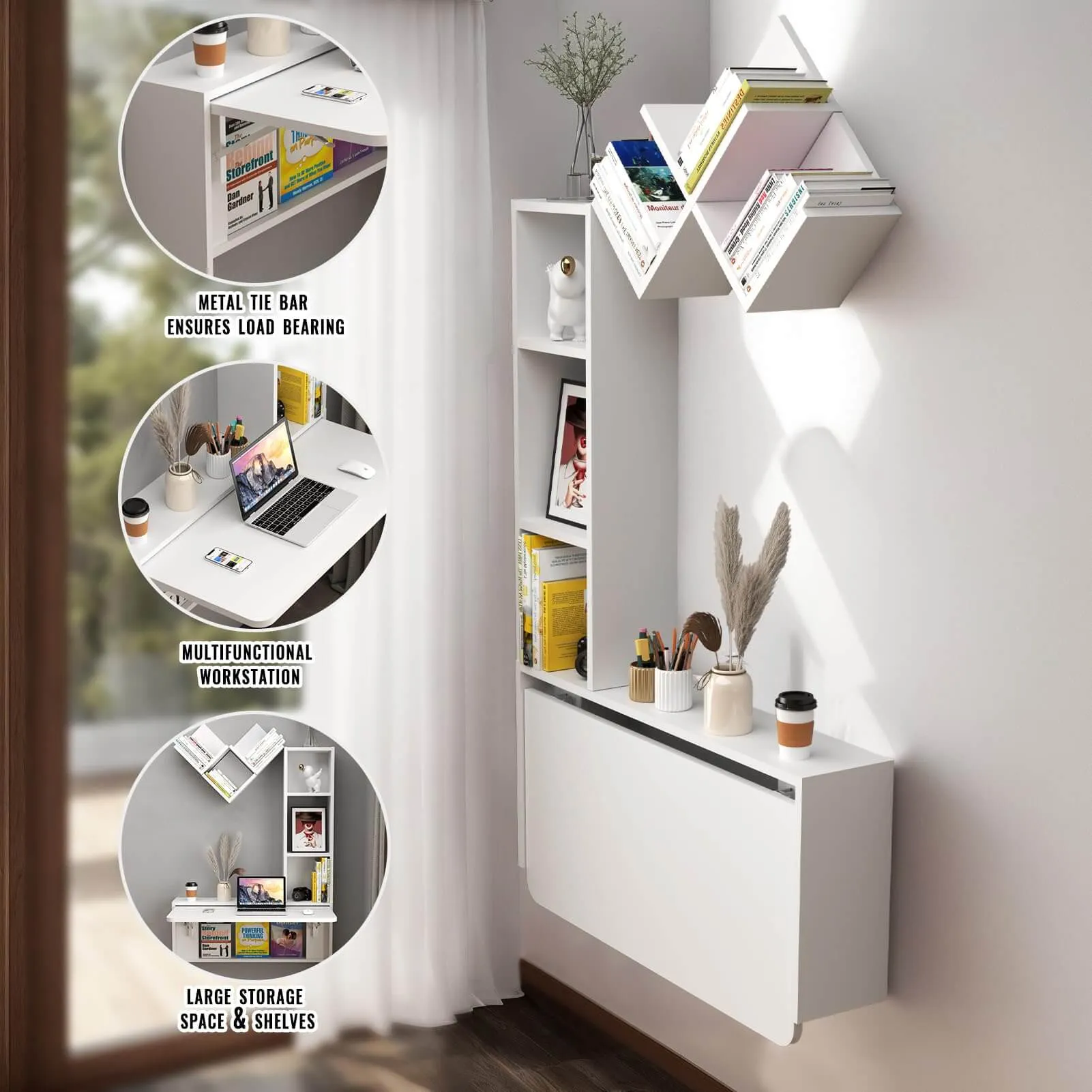 White Plywood Wall Mounted Fold Down Desk with Bookshelves, Space Saving Home Office