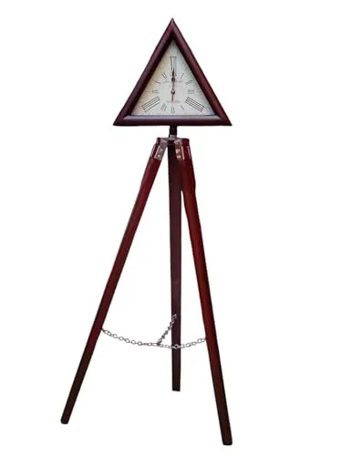 Wonder Craft Hub Wooden Triopd Stand with Triangle Clock Antique Look Style Deep Glass Roman Number for Home, Hall, Office.