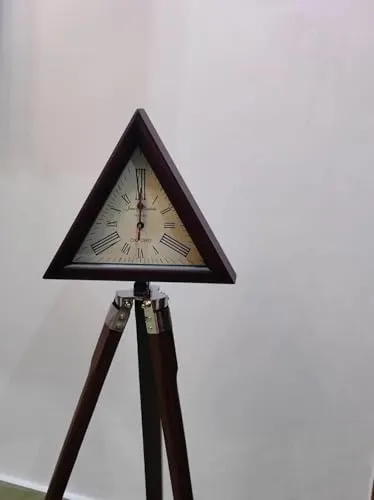 Wonder Craft Hub Wooden Triopd Stand with Triangle Clock Antique Look Style Deep Glass Roman Number for Home, Hall, Office.