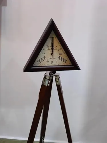 Wonder Craft Hub Wooden Triopd Stand with Triangle Clock Antique Look Style Deep Glass Roman Number for Home, Hall, Office.