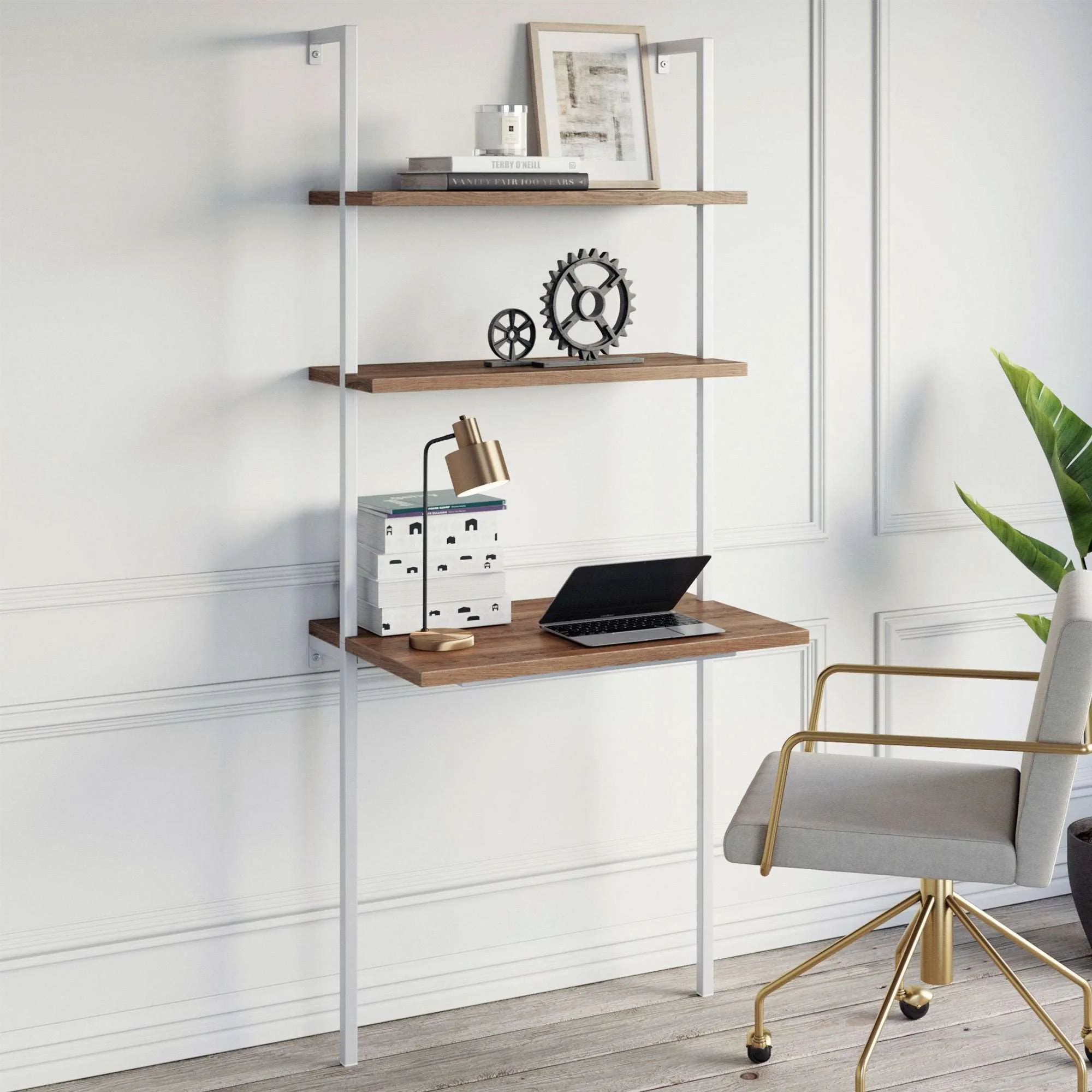 Wood Wall Mount Ladder 2-Shelf Desk Oak