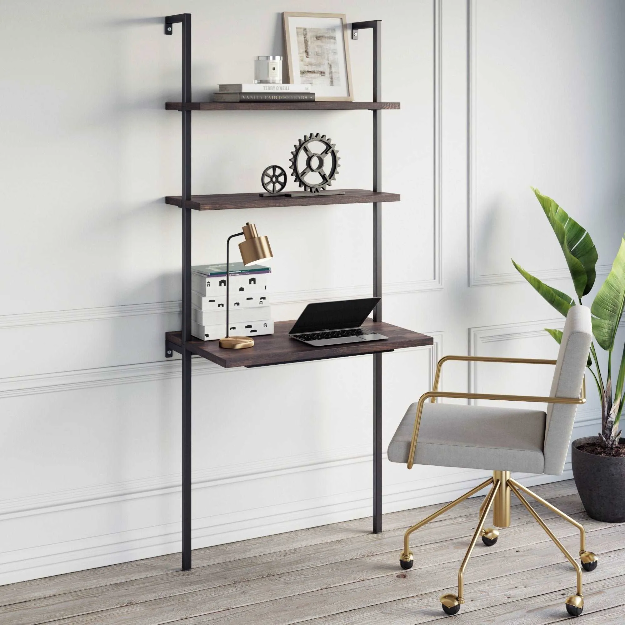 Wood Wall Mount Ladder 2-Shelf Desk Oak