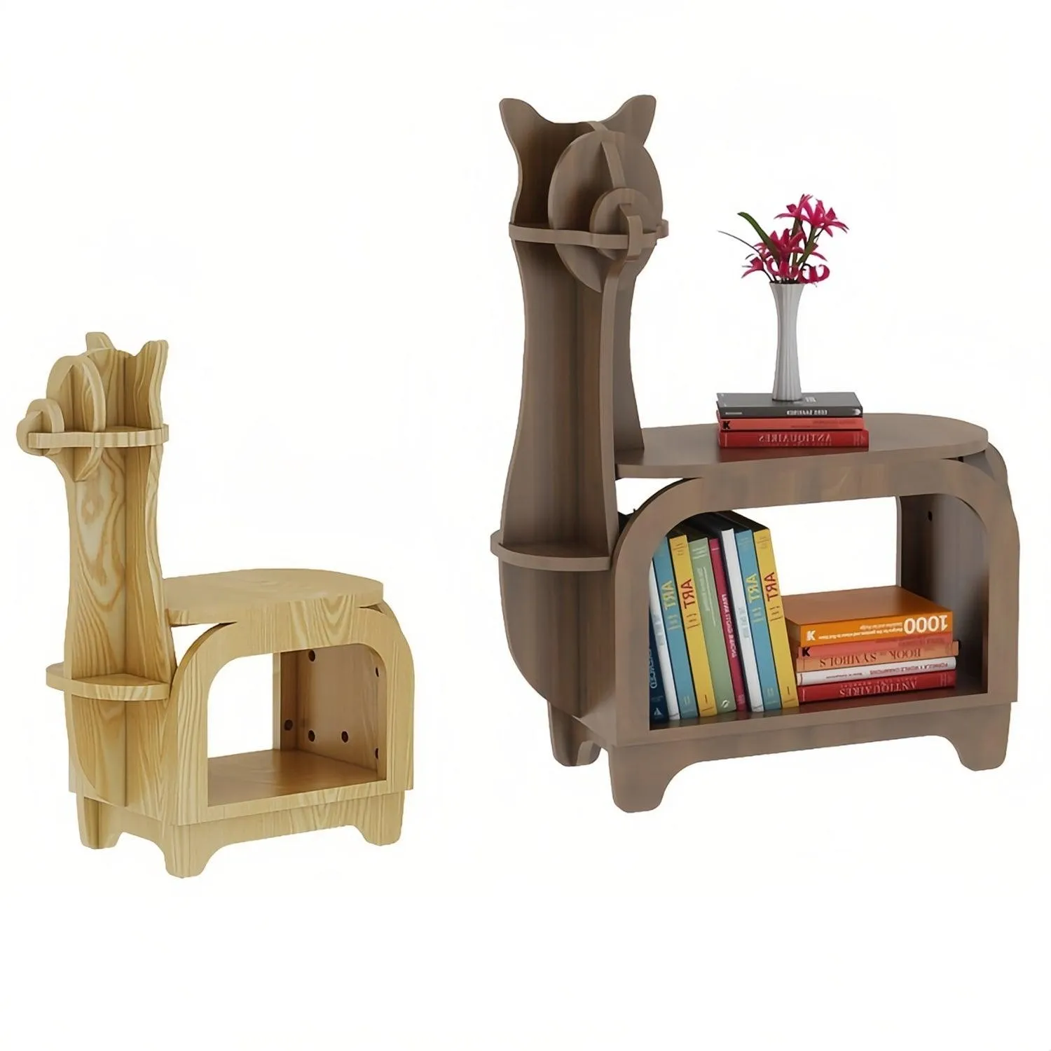 Wooden Bookshelves Alpaca Animal Shape Bookshelf Kids Bookcases Storage Rack