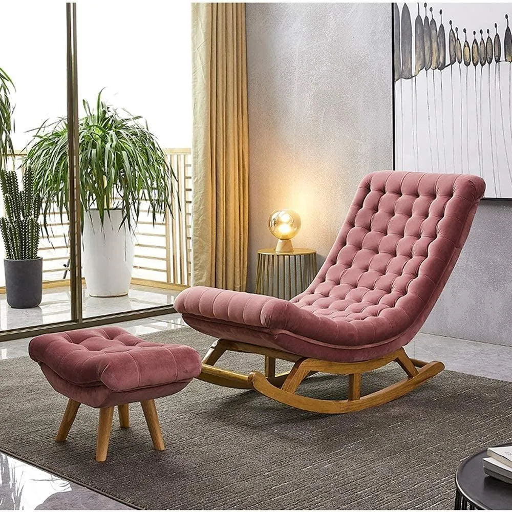 Wooden Twist Pink Recliner Lounger Wooden Rocking Chair in Premium Soft Comfortable Cushion